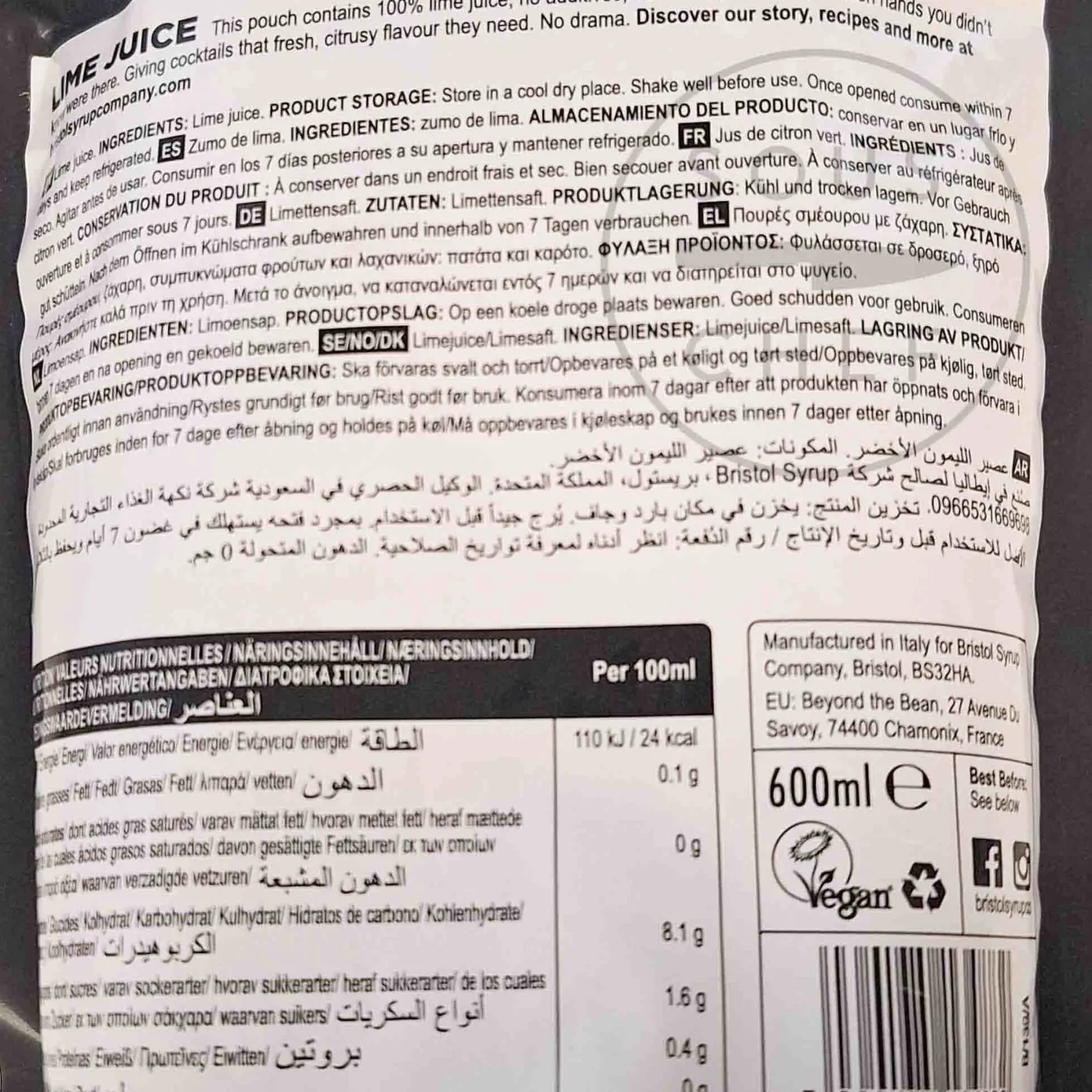 Bristol Syrup Co Ingredients Brands|Drinks^Lime Juice, 600ml