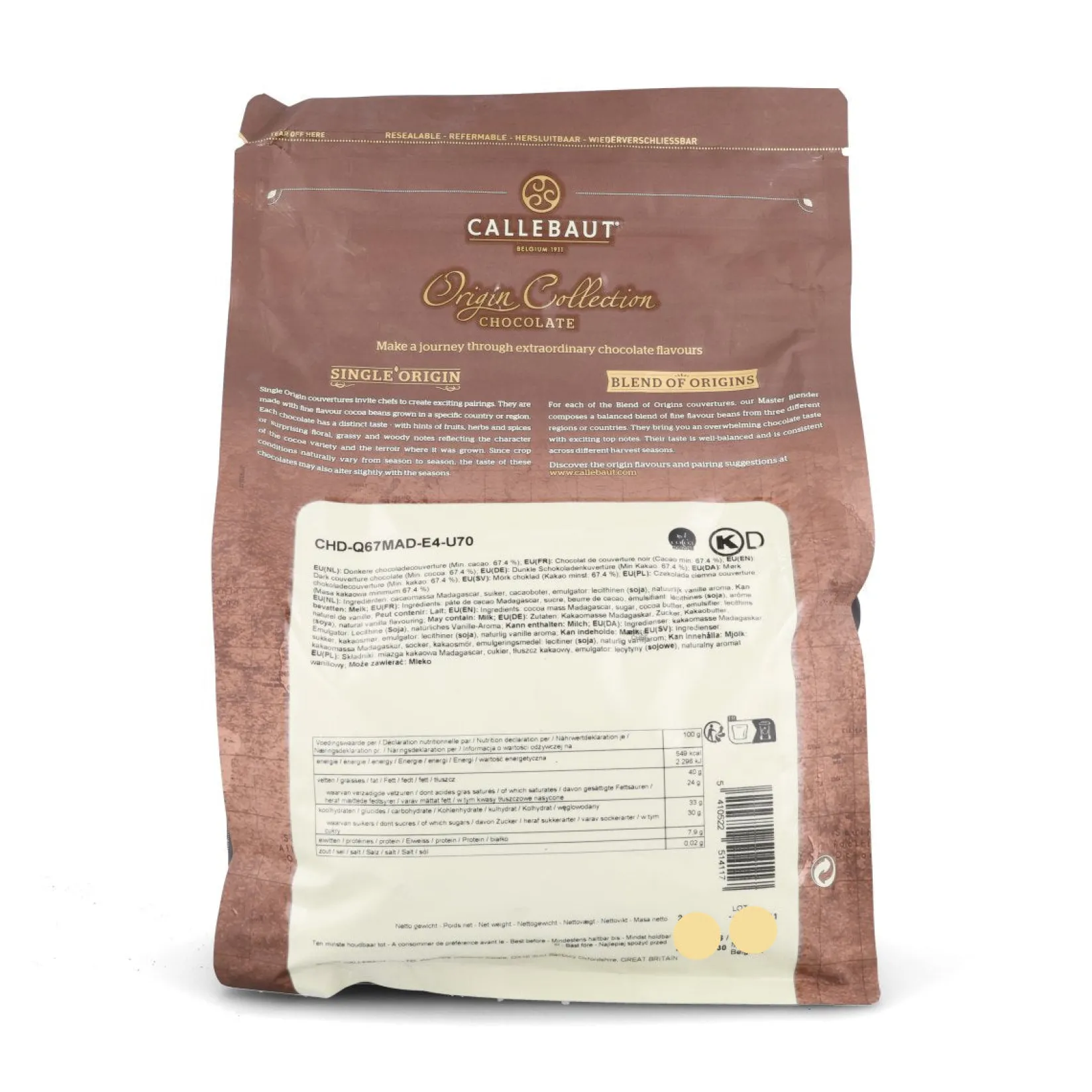 Callebaut Ingredients Brands|Chocolate & Sweets^Origin Madagascar 67.4% Dark Chocolate Chips, 2.5kg