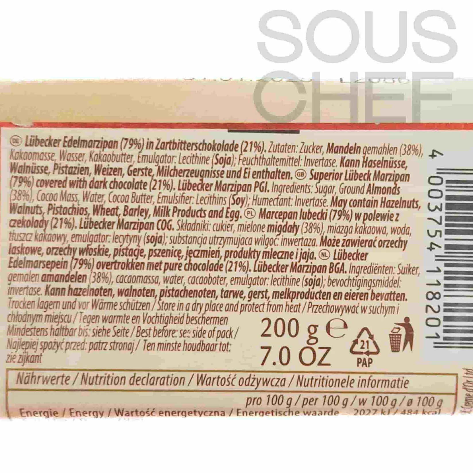 Carstens Ingredients Brands|Chocolate & Sweets^Plain Chocolate Covered Marzipan Bar - High Almond Content, 200g