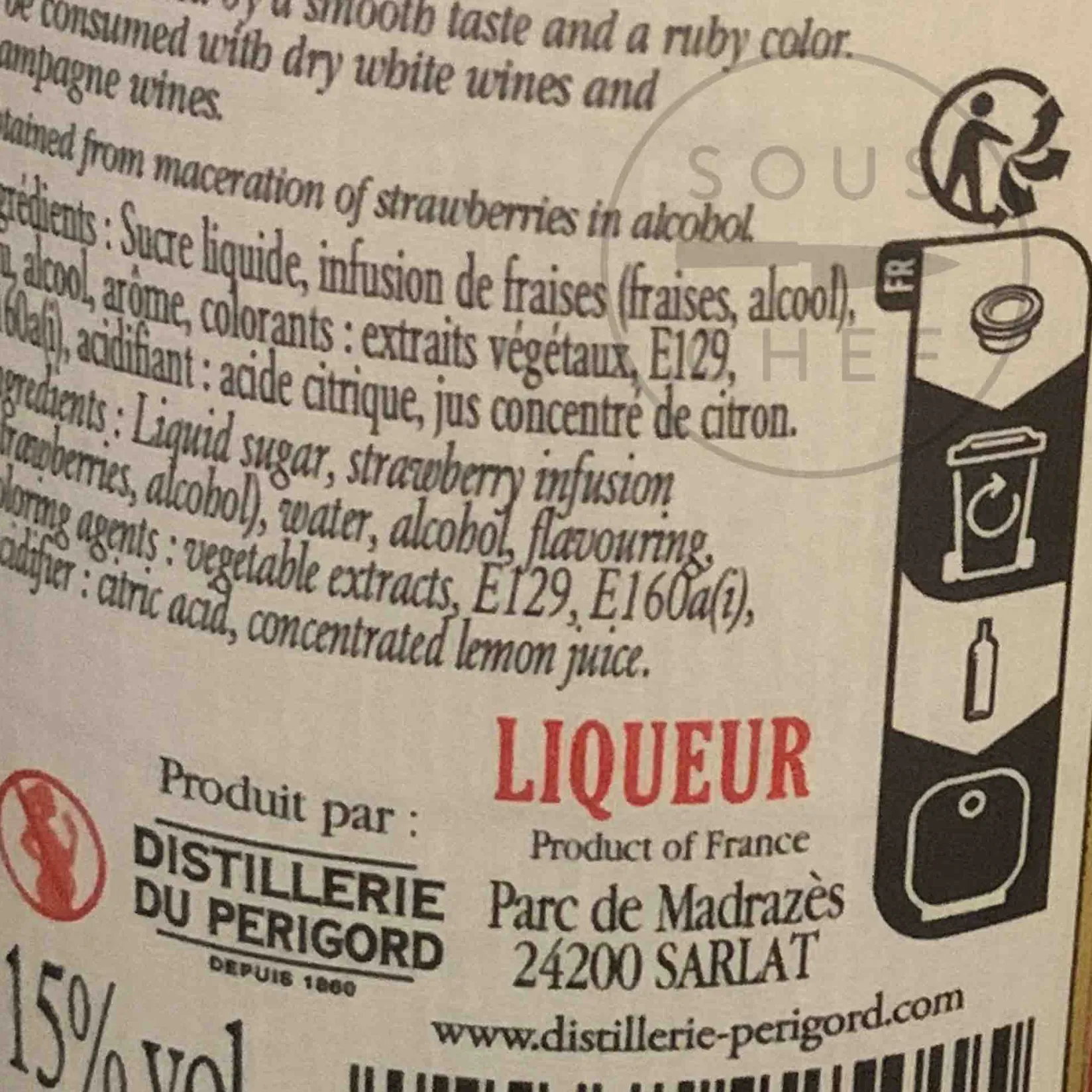 Distillerie du périgord Ingredients Brands|French Ingredients^Cherry Rocher Creme de Fraise, Strawberry Liqueur, 500ml