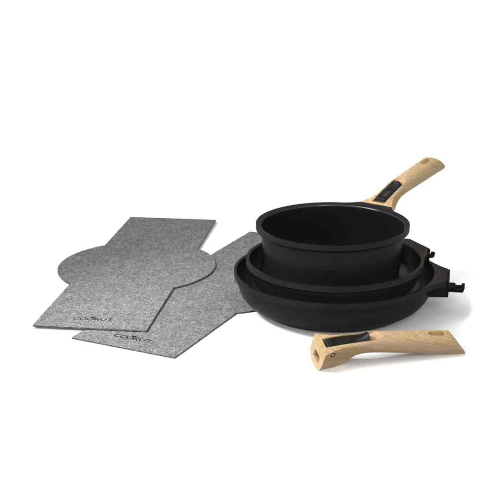 Cookut Pots & Pans^Lightweight Non-Stick 3 Piece Cookware Set with Detachable Handles, Black, BPA-Free