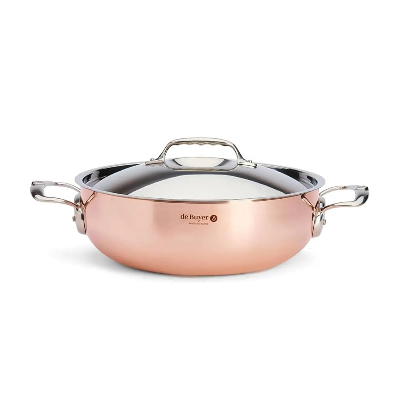 De Buyer Pots & Pans^Prima Matera Copper Curved Saute Pan with Lid & Stainless Steel Handle, 28cm