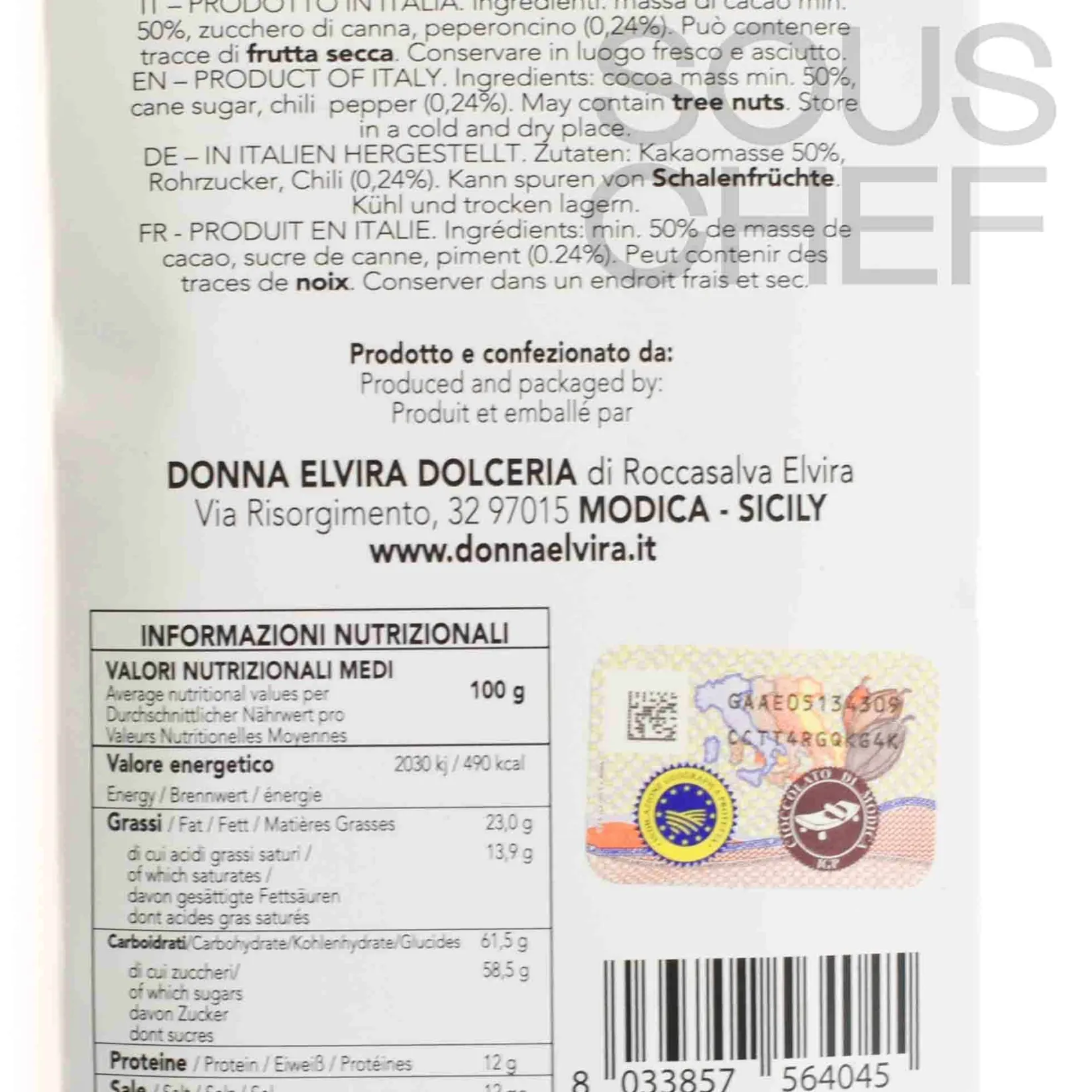 Donna Elvira Ingredients Brands|Italian Ingredients^Chilli Pepper PGI Modican Chocolate Bar, 70g
