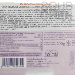 Simon Coll Ingredients Brands|Spanish Ingredients^Drinking Chocolate Bar with 60% Cocoa & Bourbon Vanilla, 200g