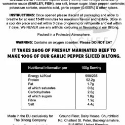 The Biltong Company Ingredients Brands|Snacks^Garlic Pepper Biltong Slices, 250g