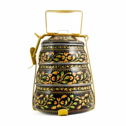 Indian Tiffin Indian Ingredients|Food Storage & Containers^Hand Painted Three Tier Black Tiffin Tin, 1.5 Litre