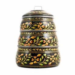Indian Tiffin Indian Ingredients|Food Storage & Containers^Hand Painted Three Tier Black Tiffin Tin, 1.5 Litre