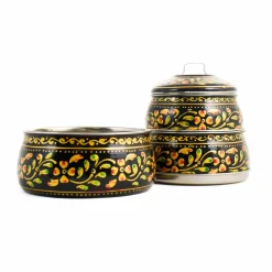 Indian Tiffin Indian Ingredients|Food Storage & Containers^Hand Painted Three Tier Black Tiffin Tin, 1.5 Litre