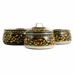 Indian Tiffin Indian Ingredients|Food Storage & Containers^Hand Painted Three Tier Black Tiffin Tin, 1.5 Litre