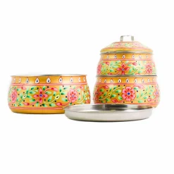 Indian Tiffin Indian Ingredients|Food Storage & Containers^Hand Painted Three Tier Yellow Tiffin Tin, 1.5 Litre
