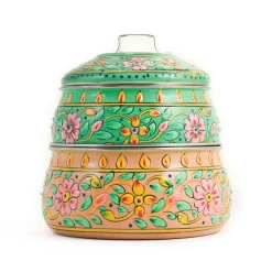Indian Tiffin Indian Ingredients|Food Storage & Containers^Hand Painted Two Tier Pink & Green Tiffin Tin, 750ml