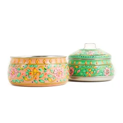 Indian Tiffin Indian Ingredients|Food Storage & Containers^Hand Painted Two Tier Pink & Green Tiffin Tin, 750ml
