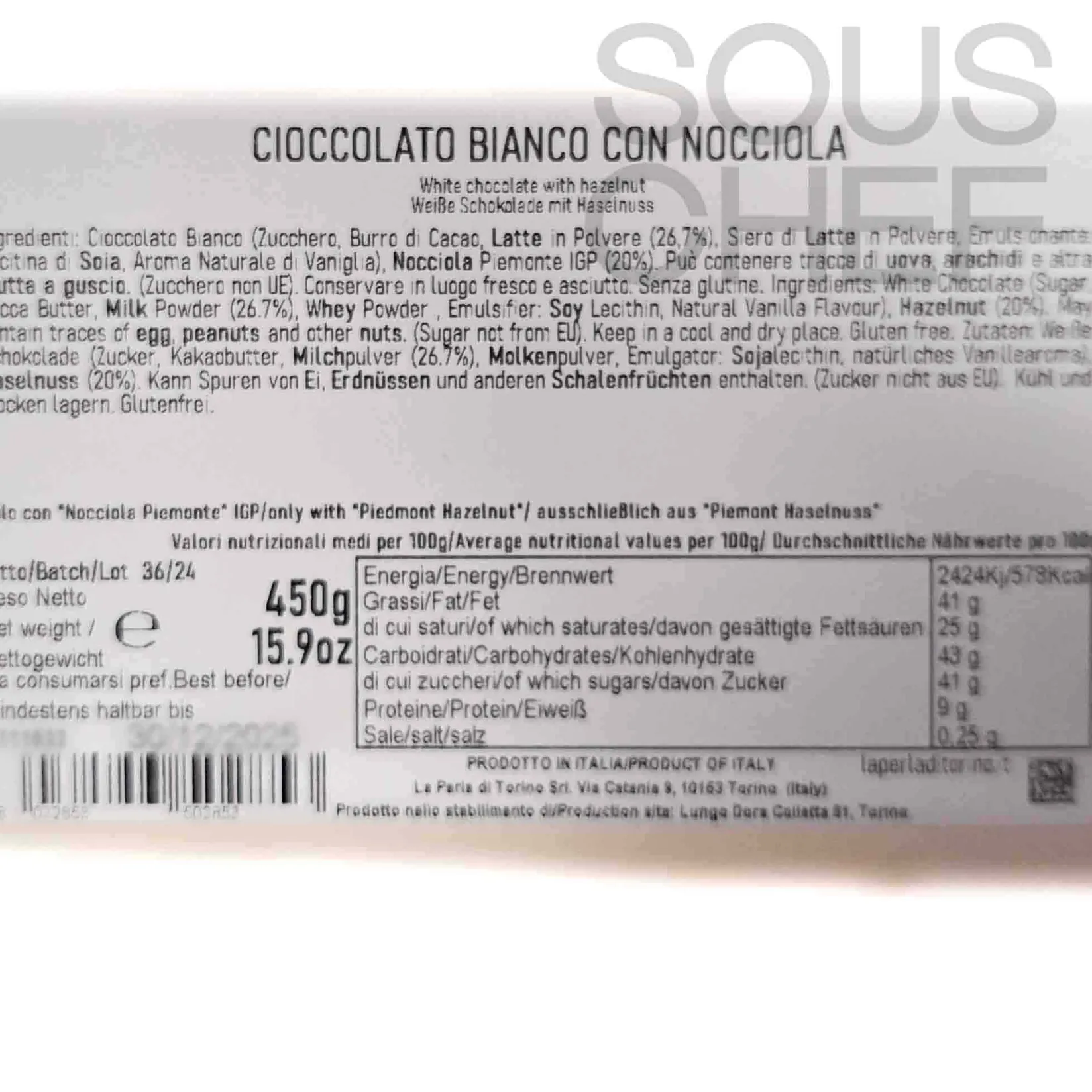 La Perla di Torino Ingredients Brands|Italian Ingredients^White Chocolate Slab with Whole Roasted Hazelnuts, 450g