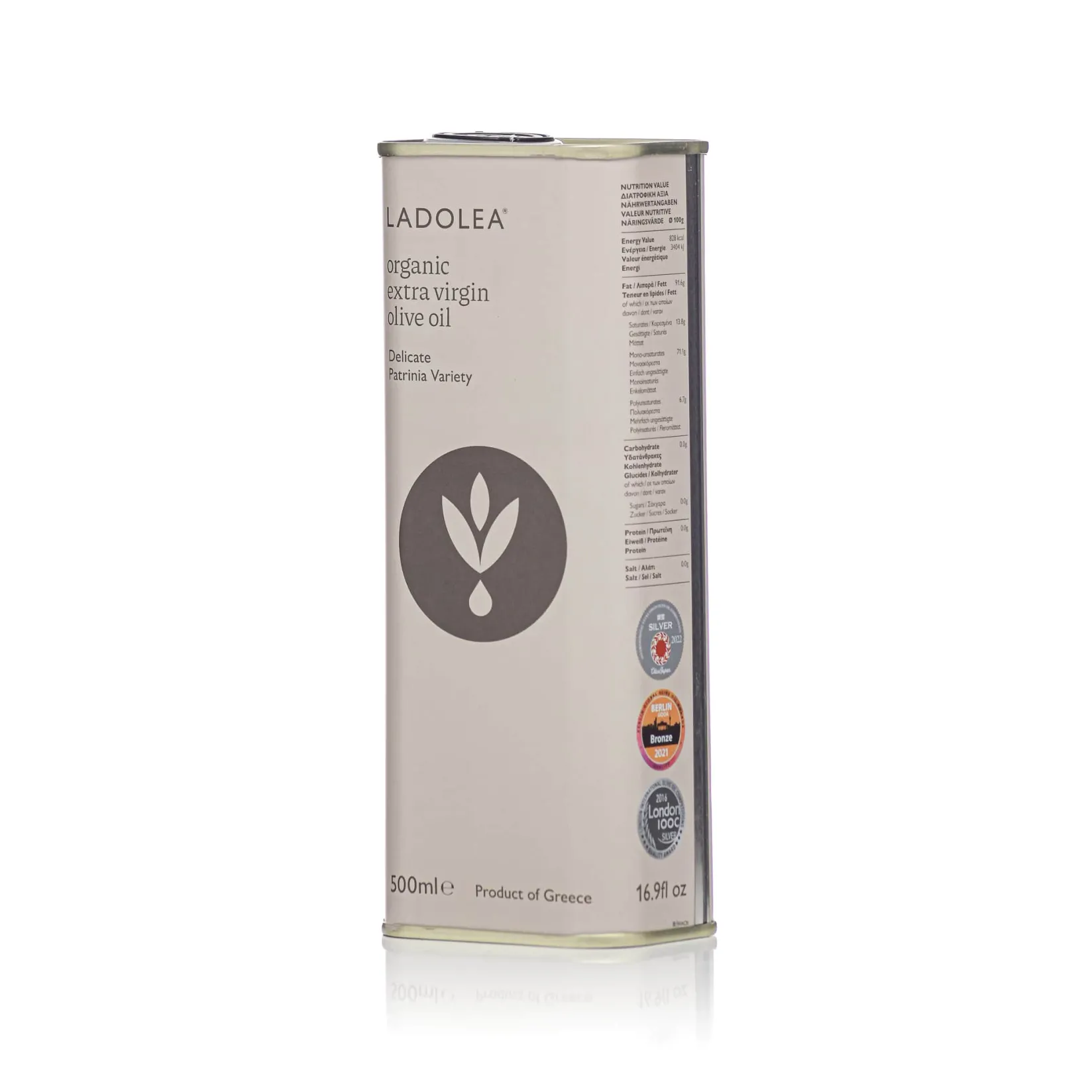 Ladolea Ingredients Brands|Greek Ingredients^Organic Greek Patrinia Delicate Extra Virgin Olive Oil in Tin, 500ml