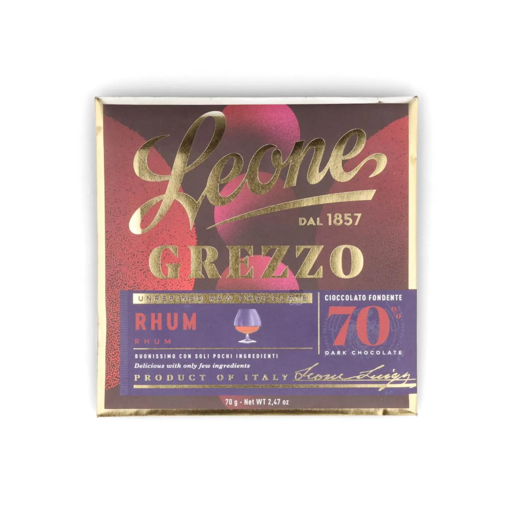 Leone Chocolate & Sweets|Ingredients Brands^Raw Unrefined 70% Rum Dark Chocolate Bar, 70g