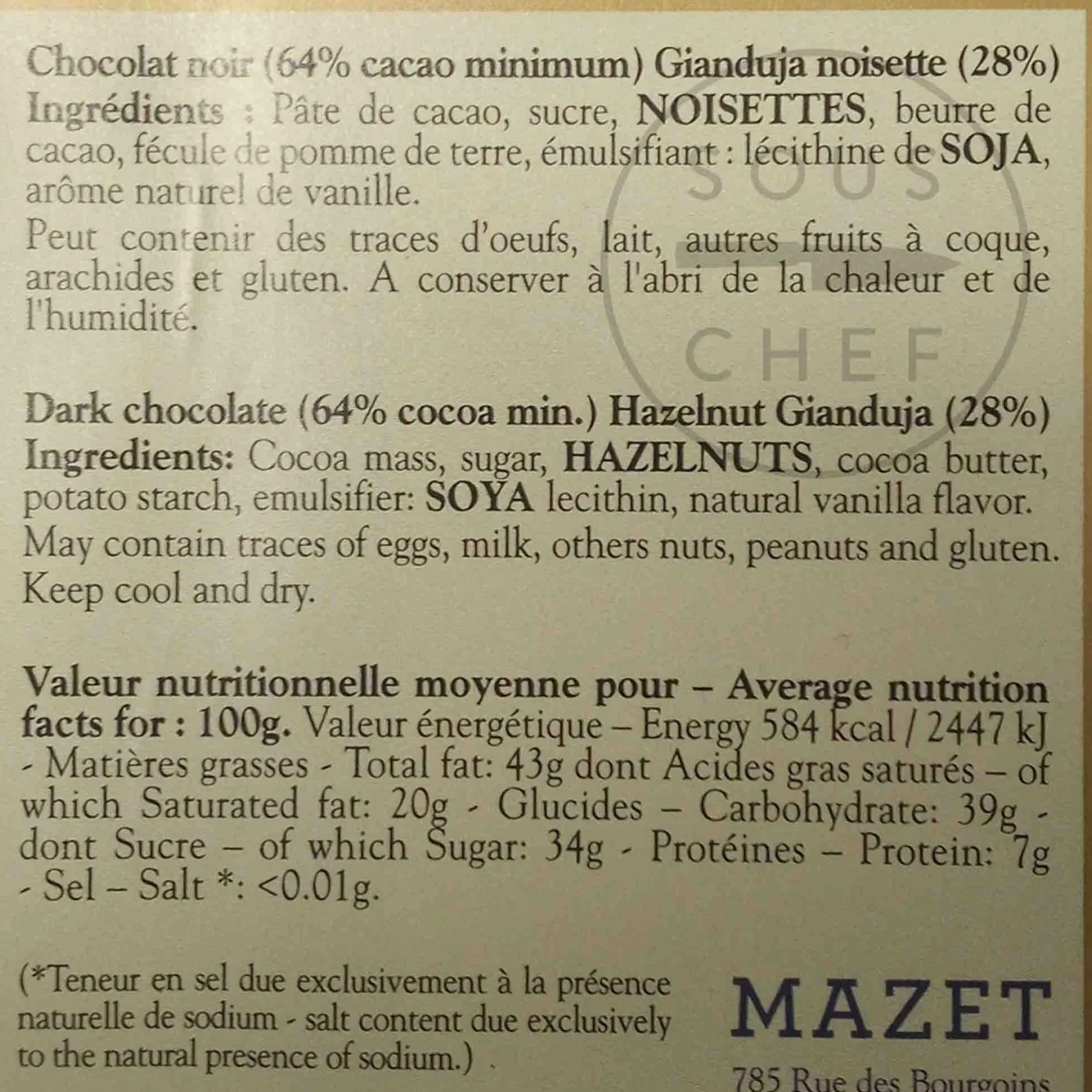 Mazet de Montargis Ingredients Brands|Chocolate & Sweets^Mazet Gianduja Dark Chocolate Bar, 100g