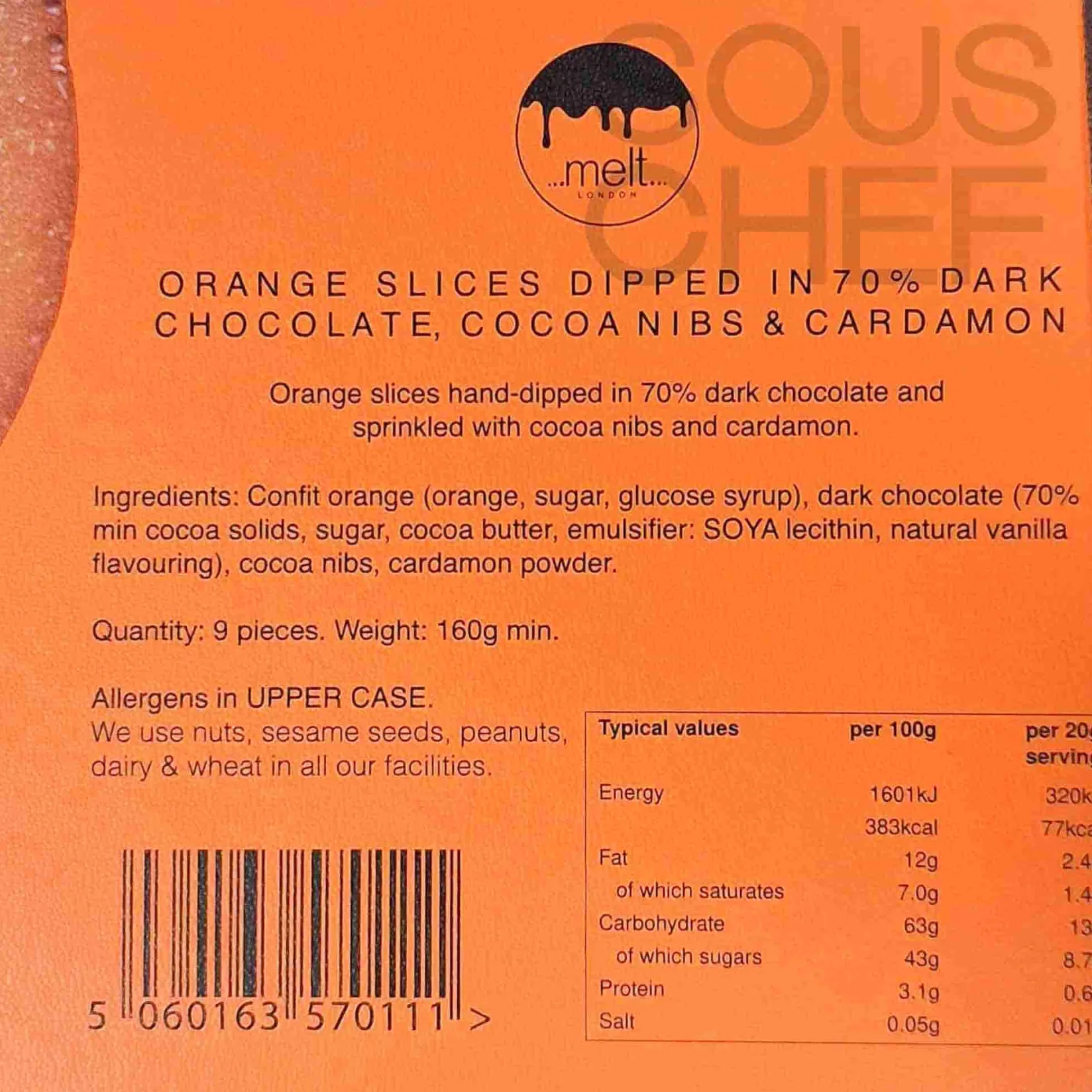 Melt London Ingredients Brands|Made In The Uk^9 Piece Dark Chocolate Dipped Orange Slices