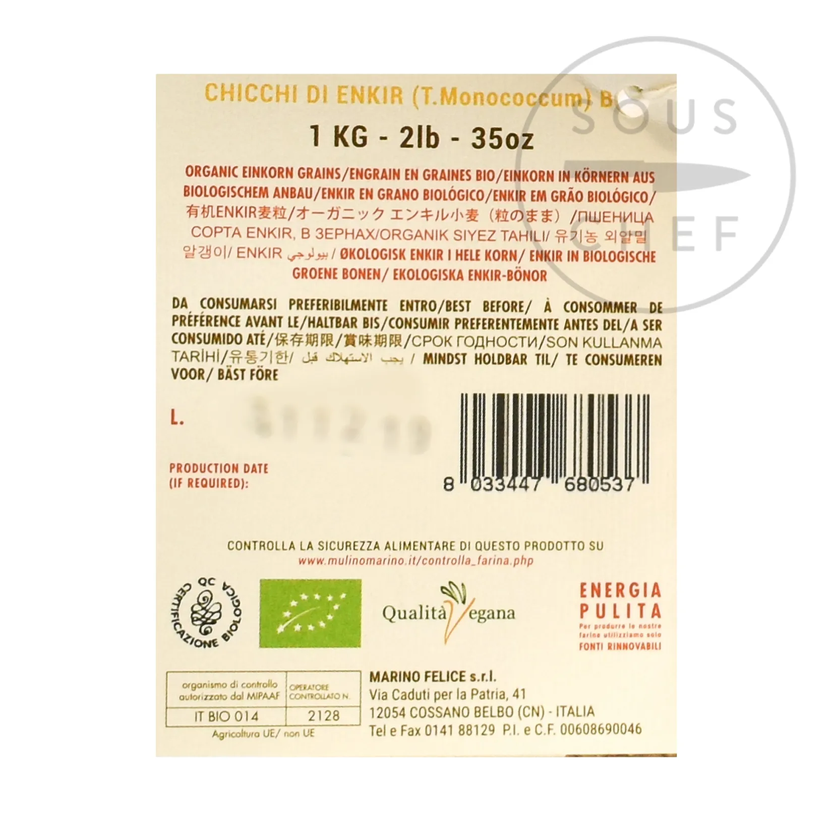Mulino Marino Ingredients Brands|Italian Ingredients^Organic Enkir (Einkorn) Spelt Grain, 1kg