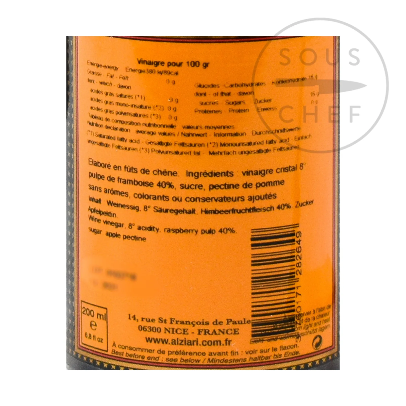 Nicolas Alziari Ingredients Brands|French Ingredients^Raspberry Vinegar, 200ml