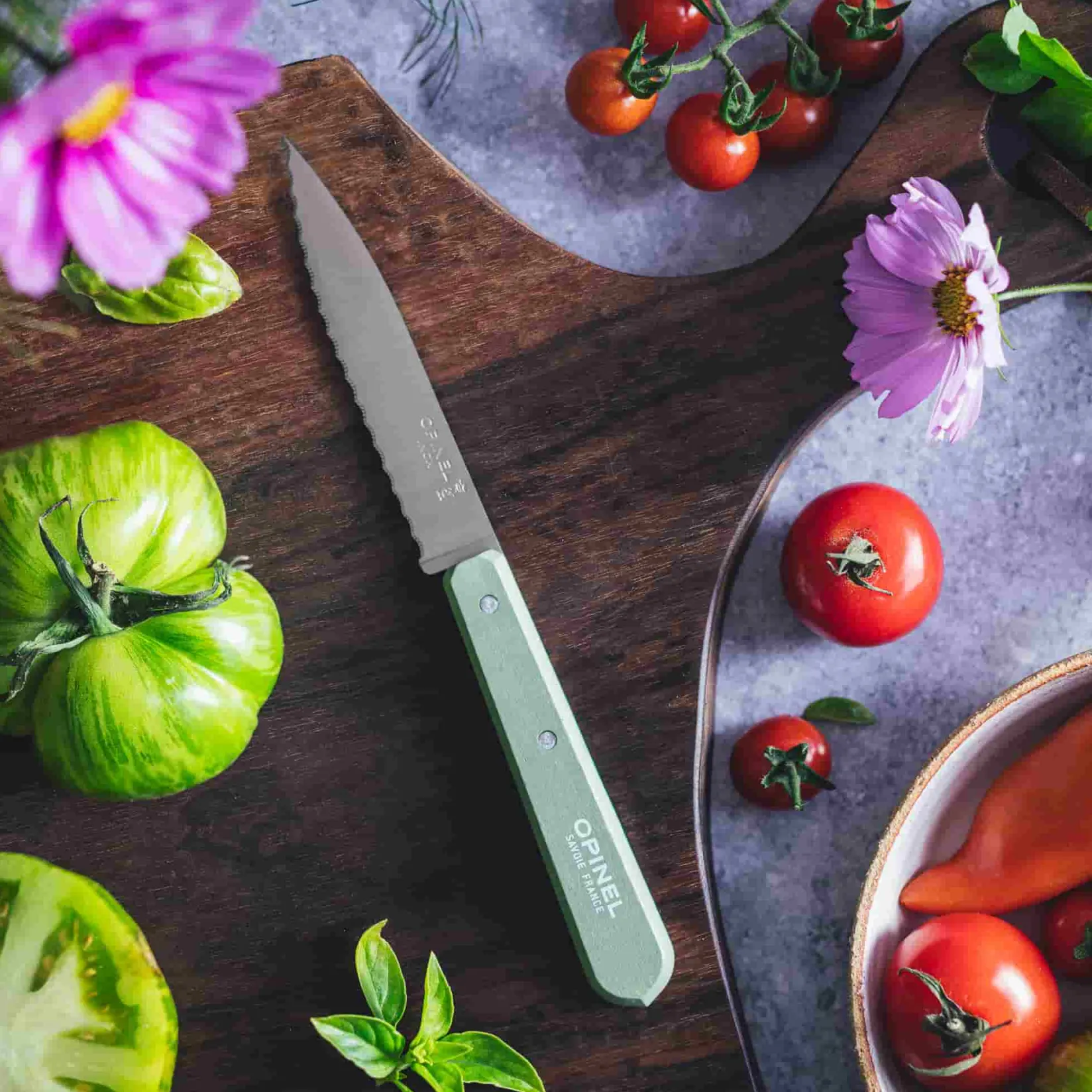Opinel Kitchen Knives^No 113 Sage Beechwood Handle Serrated Paring Knife, 10cm