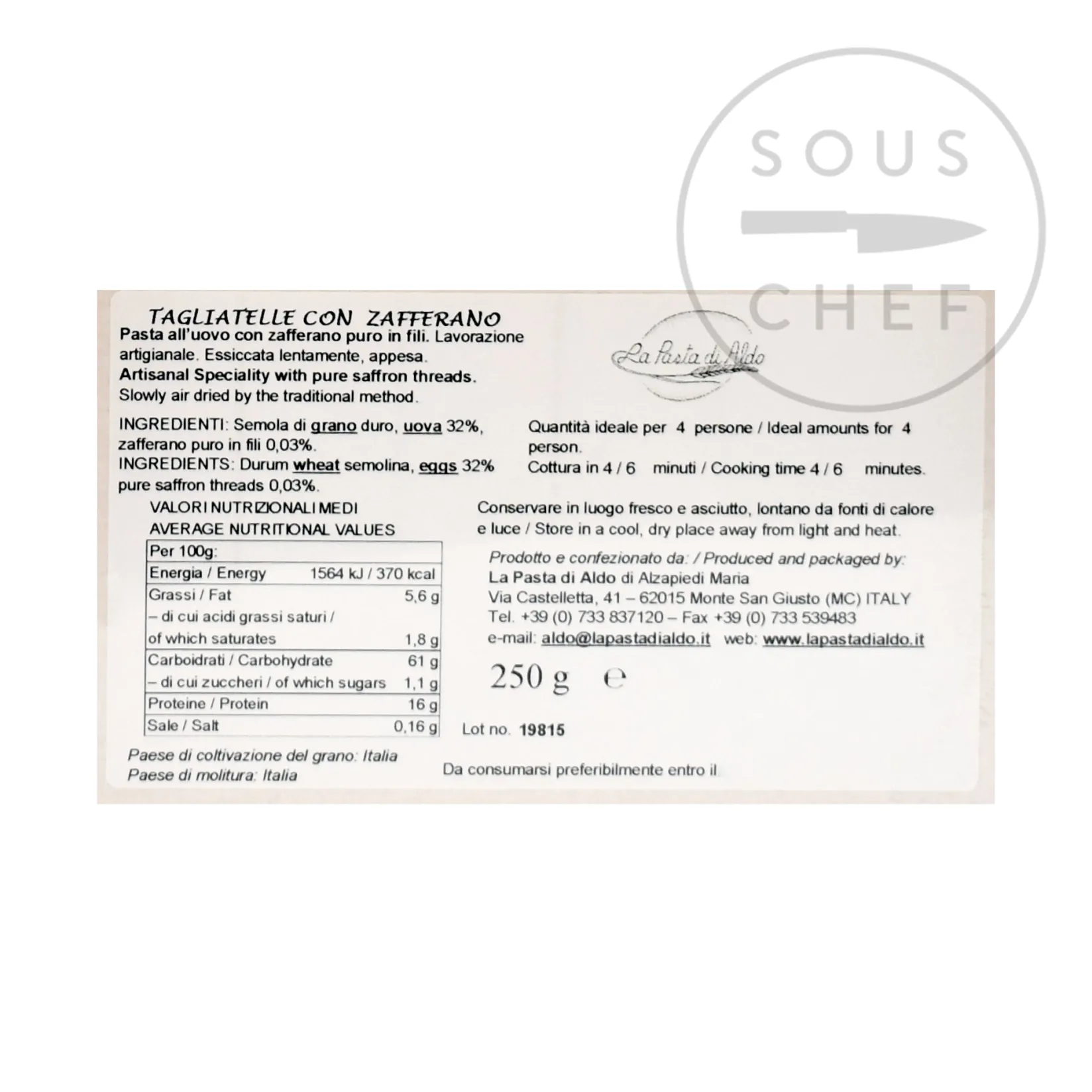 Pasta di Aldo Ingredients Brands|Italian Ingredients^Saffron Tagliatelle Egg Pasta, 250g