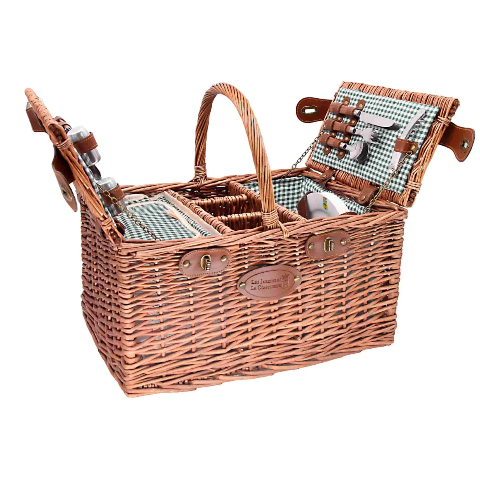Les Jardin de la Comtesse French Ingredients|Picnicware^Saint-Germain Green Gingham Picnic Basket, 4 Person
