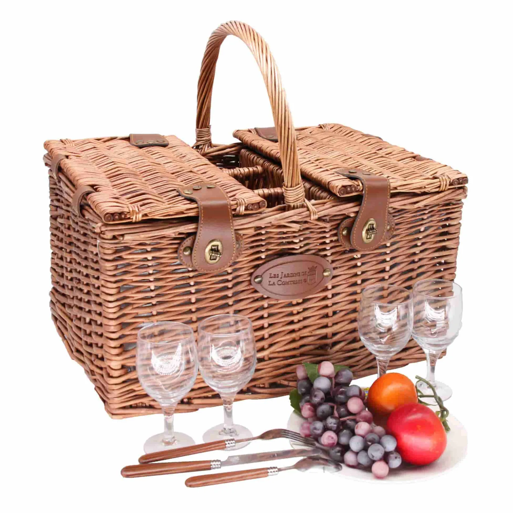 Les Jardin de la Comtesse French Ingredients|Picnicware^Saint-Germain Green Gingham Picnic Basket, 4 Person
