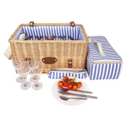 Les Jardin de la Comtesse Picnicware|Disposable Tableware^Saint-Malo Blue Striped Picnic Basket with Table, 4 Person