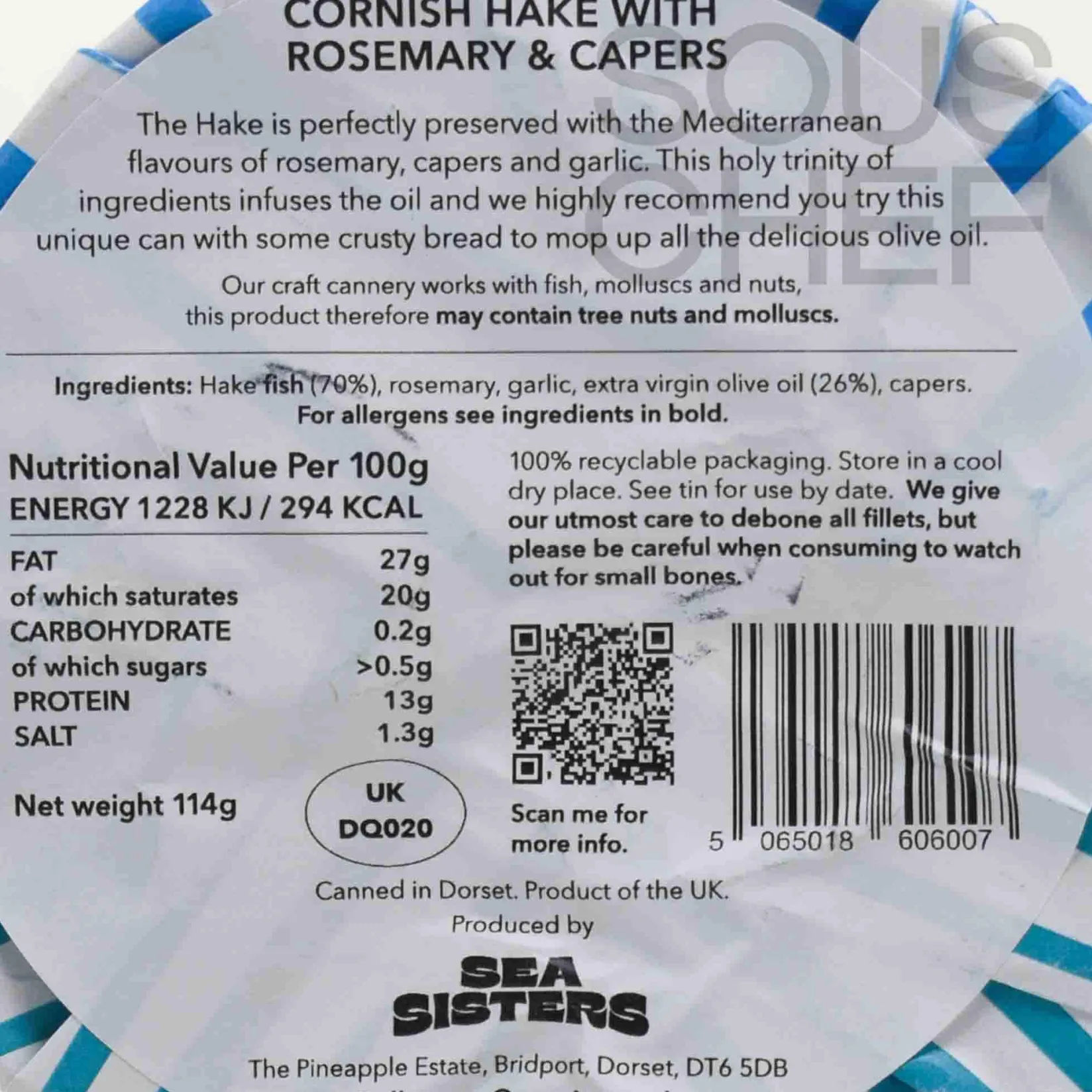 Sea Sisters Tinned Fish & Seafood|Ingredients Brands^Tinned Cornish Hake With Rosemary & Capers, 110g