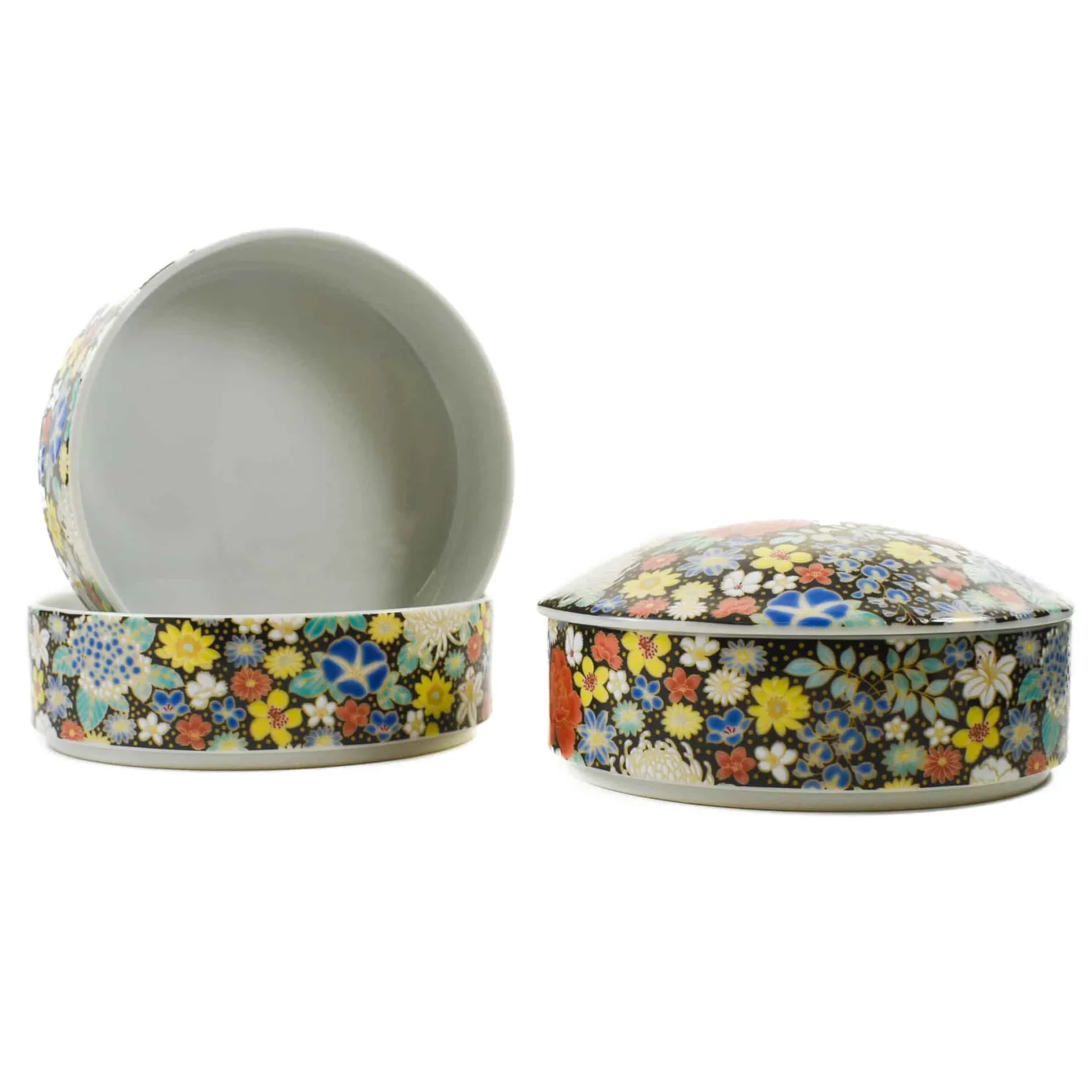 Seikou Tableware Brands|Japanese Ingredients^Porcelain Black Floral Motif Sweets Container, 3 Compartments