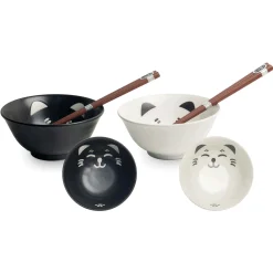 Kiji Stoneware & Ceramics Japanese Ingredients|Japanese Tableware^Set of 2 Lucky Cat Japanese Rice Bowls with Chopsticks