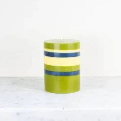 British Colour Standard Table Setting|Tableware Brands^Striped Pillar Candle, Olive & Navy, 10cm