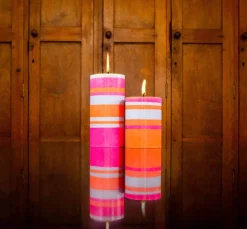 British Colour Standard Table Setting|Tableware Brands^Striped Pillar Candle, Orange & Pink, 10cm
